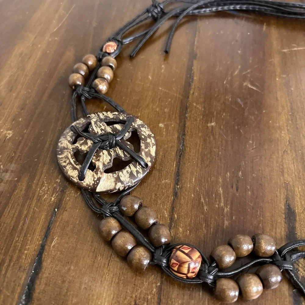 Boho Hip Hugger Brown Braided Beaded Wood and Coconut Shell Tie Belt Fringe